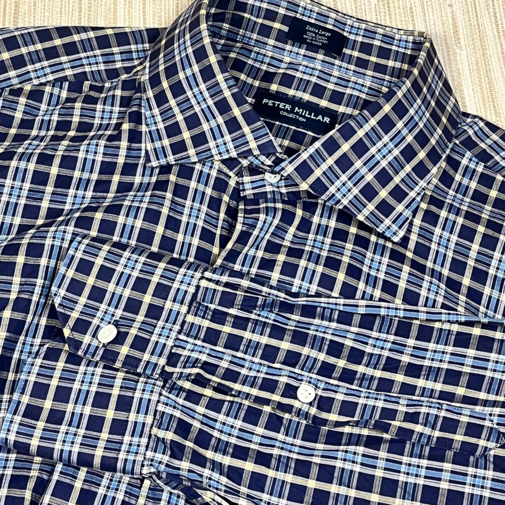 Peter Millar Collection XL Plaid Button Down Shirt Navy Blue Preppy Business